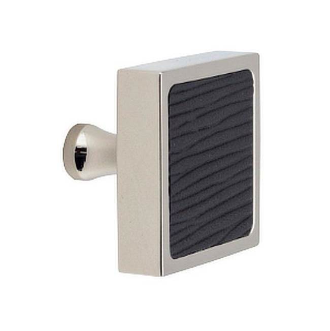 Colonial Bronze Leather Accented Square Cabinet Knob With Flared Post, Frost Chrome x Pinseal Black Seal Leather