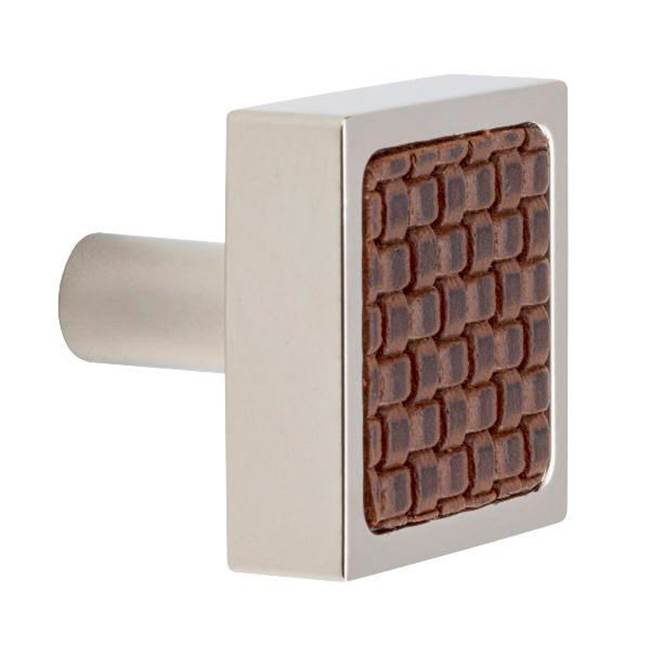 Colonial Bronze Leather Accented Square Cabinet Knob With Straight Post, Polished Nickel x Shagreen Gris Ligero Leather