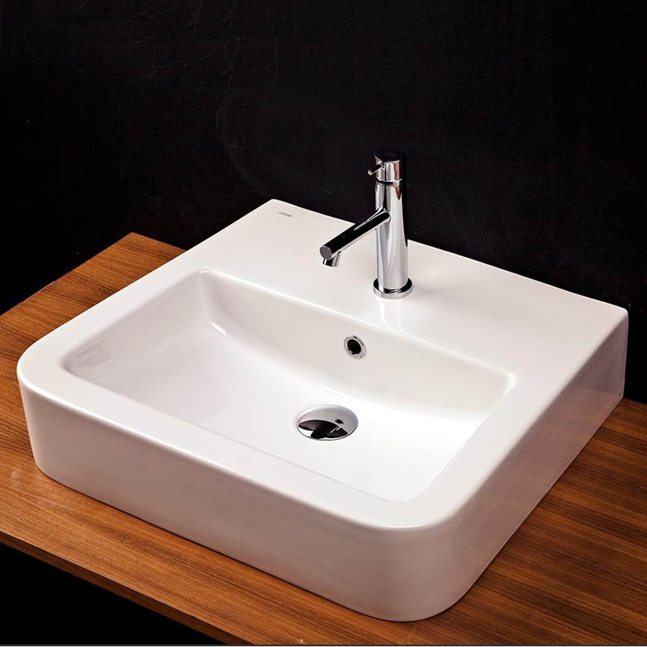 Lacava Wall-mount or above-counter porcelain Bathroom Sink with an overflow. Unfinished back. 24''W, 19''D, 7''H. one faucet hole