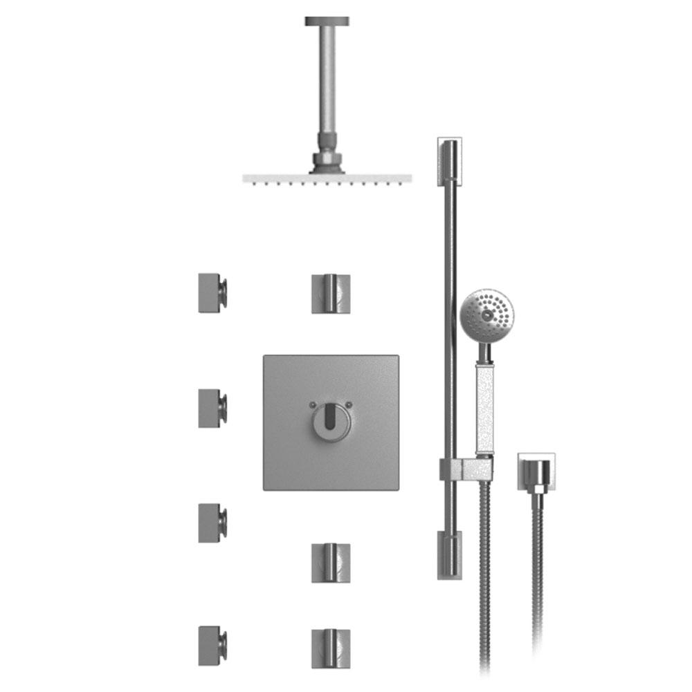 Rubinet Temperature Control Shower With Three Seperate Volume Controls, Fixed Shower Head, Bar, Integral Supply, Hand Held Shower & Four Body Sprays, 8'' Ceil