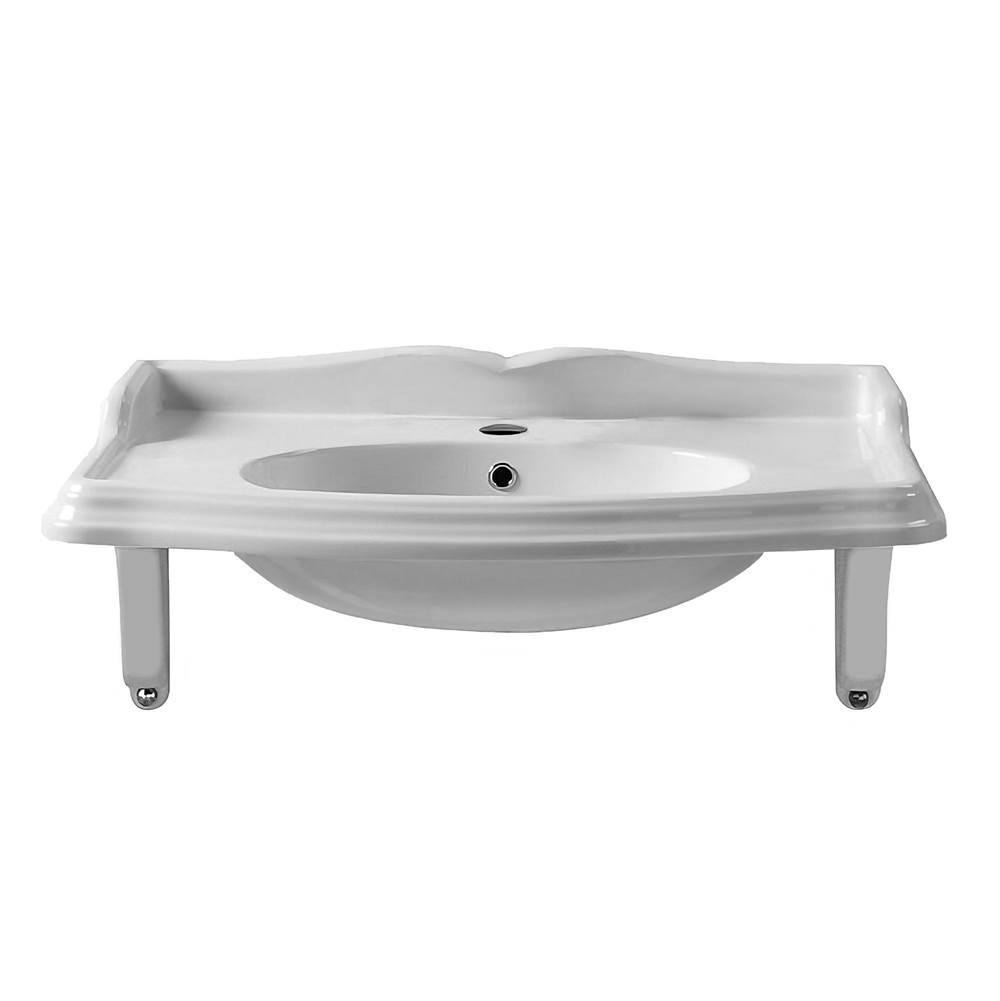 Whitehaus Collection Isabella Collection Large Rectangular Wall Mount Basin with Integrated Oval Bowl, Single Hole Faucet Drilling and Ceramic Shelf Supports