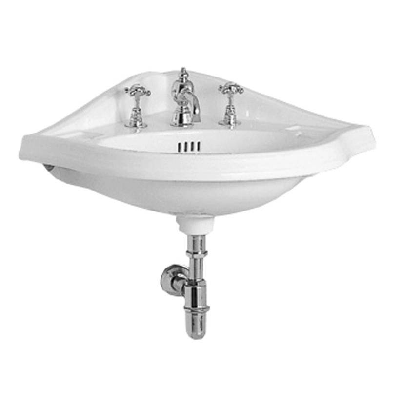 Whitehaus Collection Isabella Collection Corner Wall Mount Basin with Widespread Hole Faucet Drilling, Oval bowl, Backsplash, Dual Soap Ledges and Overflow