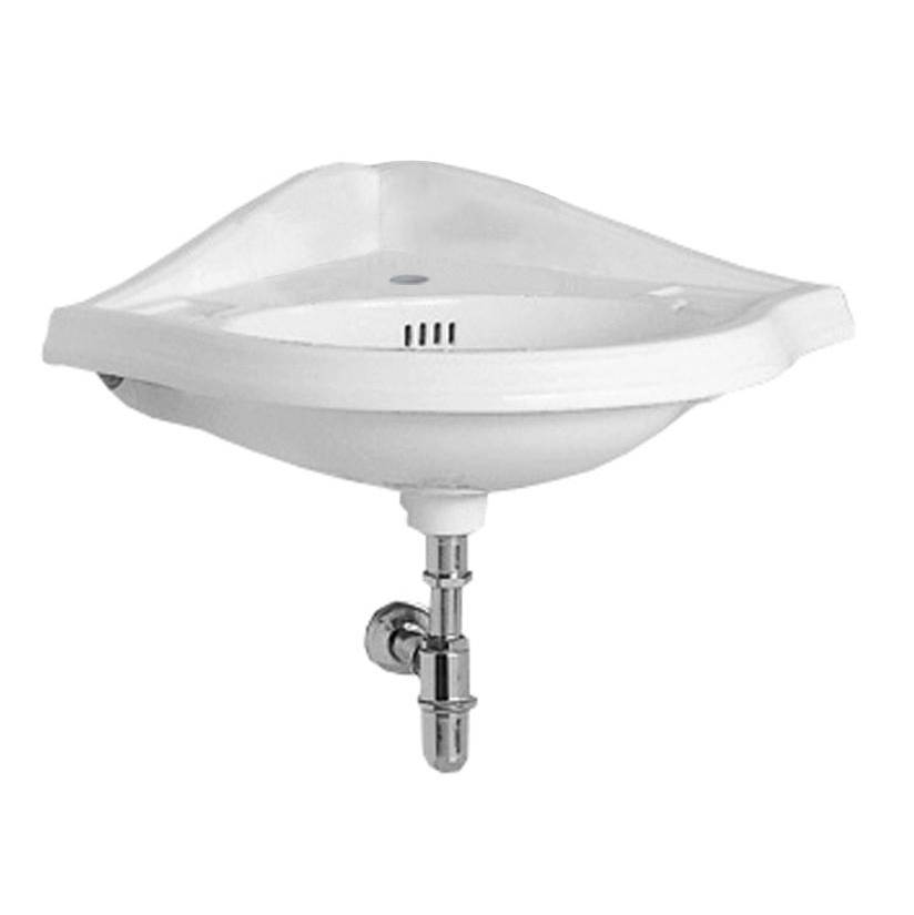 Whitehaus Collection Isabella Collection Corner Wall Mount Basin with Single Hole Faucet Drilling, Oval bowl, Backsplash, Dual Soap Ledges and Overflow