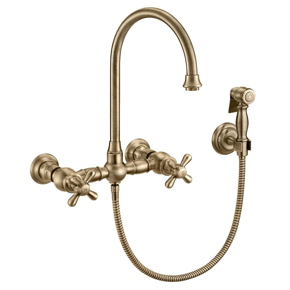 Whitehaus Collection Vintage III Plus Wall Mount Faucet with a  Long Gooseneck Swivel Spout, Cross Handles and Solid Brass Side Spray