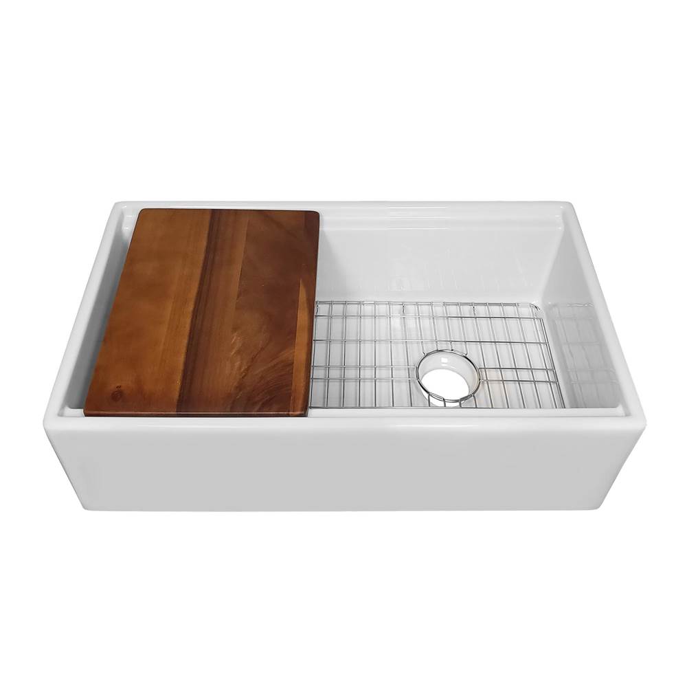 Whitehaus Collection Whitehaus Collection 30'' Reversible Single Bowl Fireclay Sink Set with a Smooth Front Apron, Walnut Wood Cutting Board and Stainless Steel Grid
