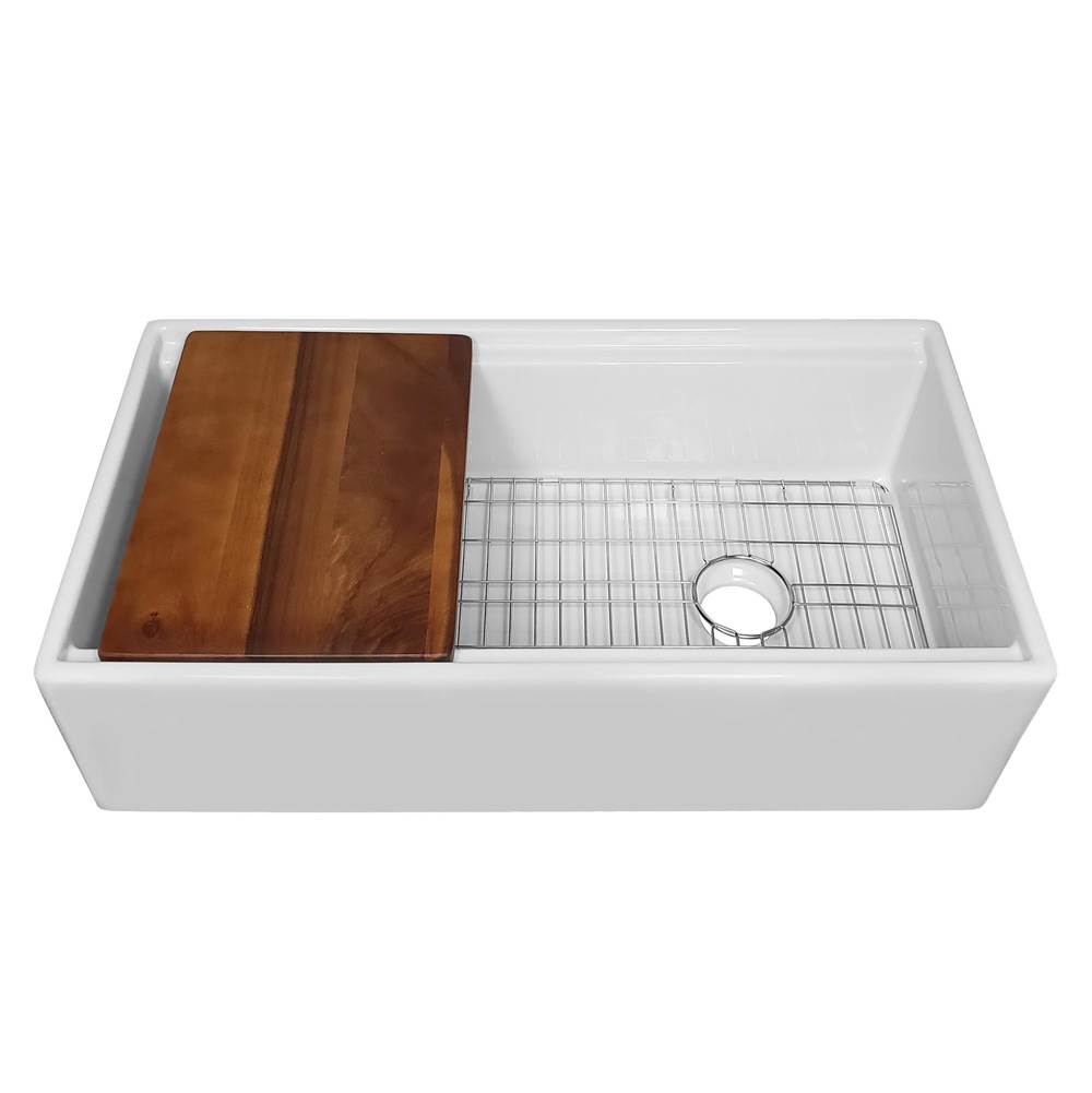 Whitehaus Collection Whitehaus Collection 36'' Reversible Single Bowl Fireclay Sink Set with a Smooth Front Apron, Walnut Wood Cutting Board and Stainless Steel Grid