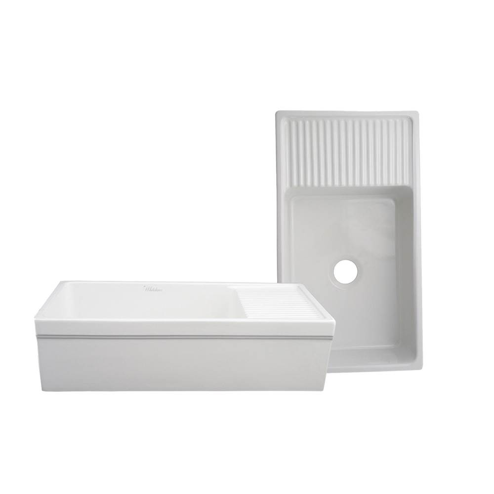 Whitehaus Collection Farmhaus Fireclay Quatro Alcove Large Reversible Sink with Integral Drainboard and Decorative 2 ½'' Lip on Both Sides