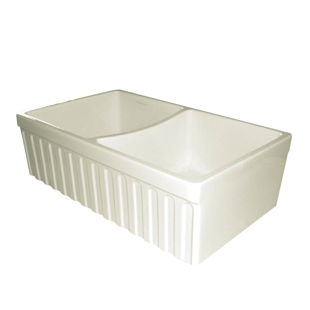 Whitehaus Collection Farmhaus Fireclay Quatro Alcove Reversible Double Bowl Sink with a Fluted Front Apron and 2'' Lip on One Side and 2 ½'' Lip on the Opposite Side