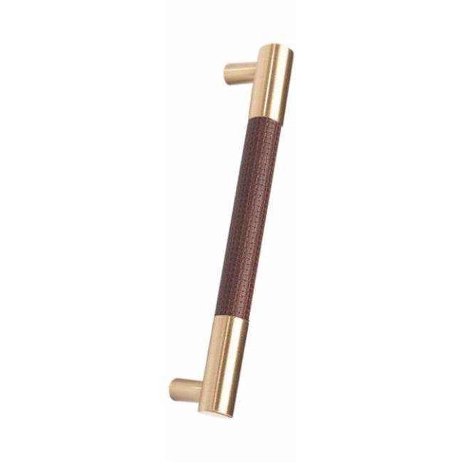 Colonial Bronze Leather Accented Round Appliance Pull, Door Pull, Shower Door Pull, Towel Bar With Straight Posts, Unlacquered Satin Brass x Woven Cherry Royale Leather