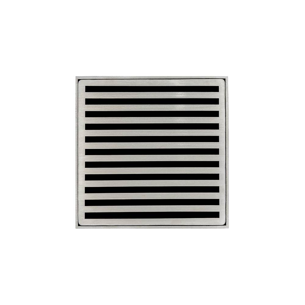Infinity Drain 5'' x 5'' ND 5 High Flow Complete Kit with Lines Pattern Decorative Plate in Satin Stainless with Cast Iron Drain Body, 3'' No-Hub Outlet