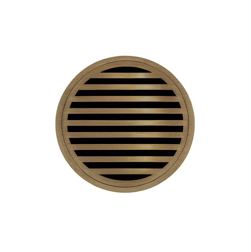 Infinity Drain 5'' Round RND 5 High Flow Complete Kit with Lines Pattern Decorative Plate in Satin Bronze with Cast Iron Drain Body, 3'' No-Hub Outlet