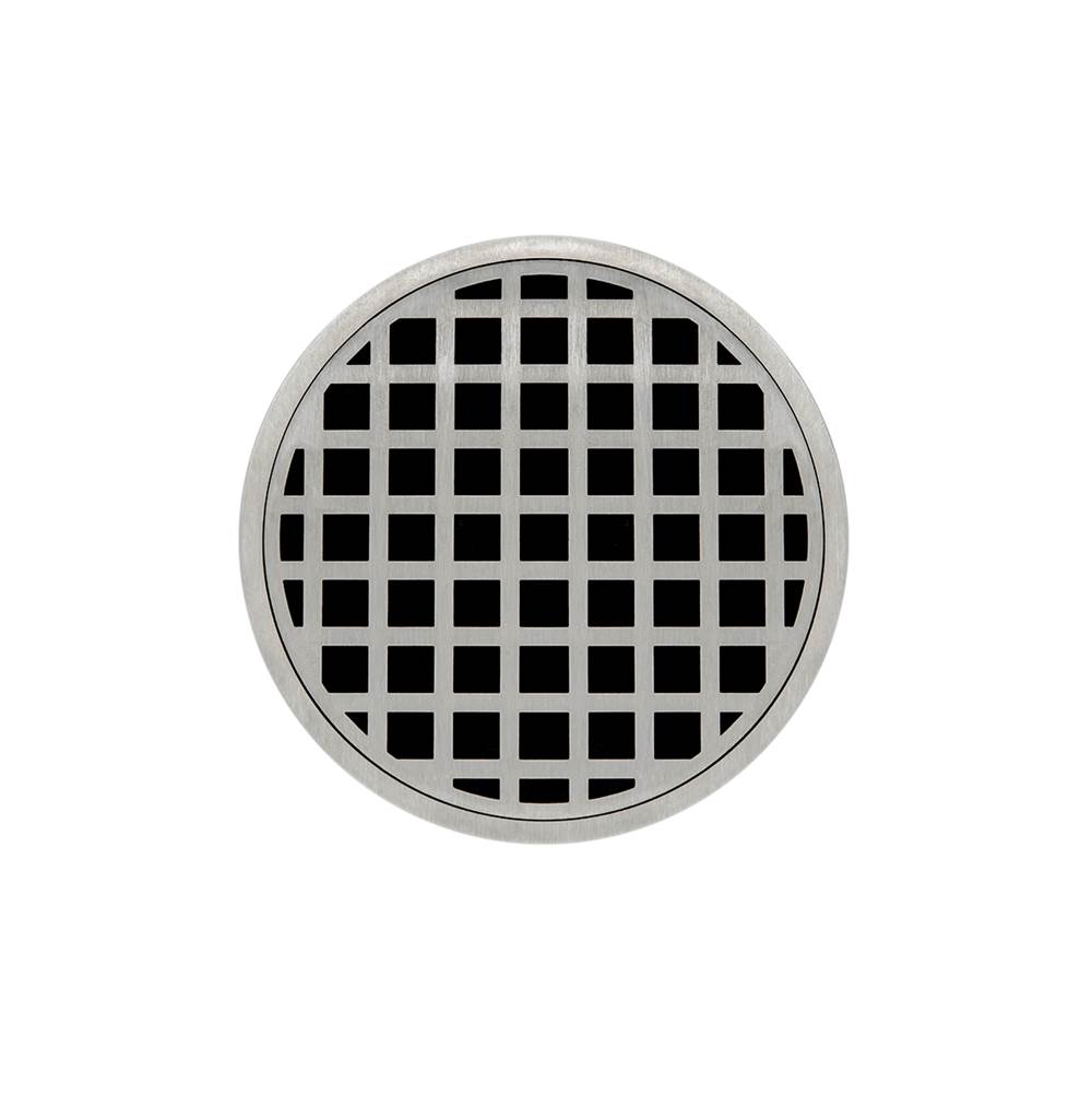 Infinity Drain 5'' Round RQD 5 High Flow Complete Kit with Squares Pattern Decorative Plate in Satin Stainless with Cast Iron Drain Body, 3'' No-Hub Outlet