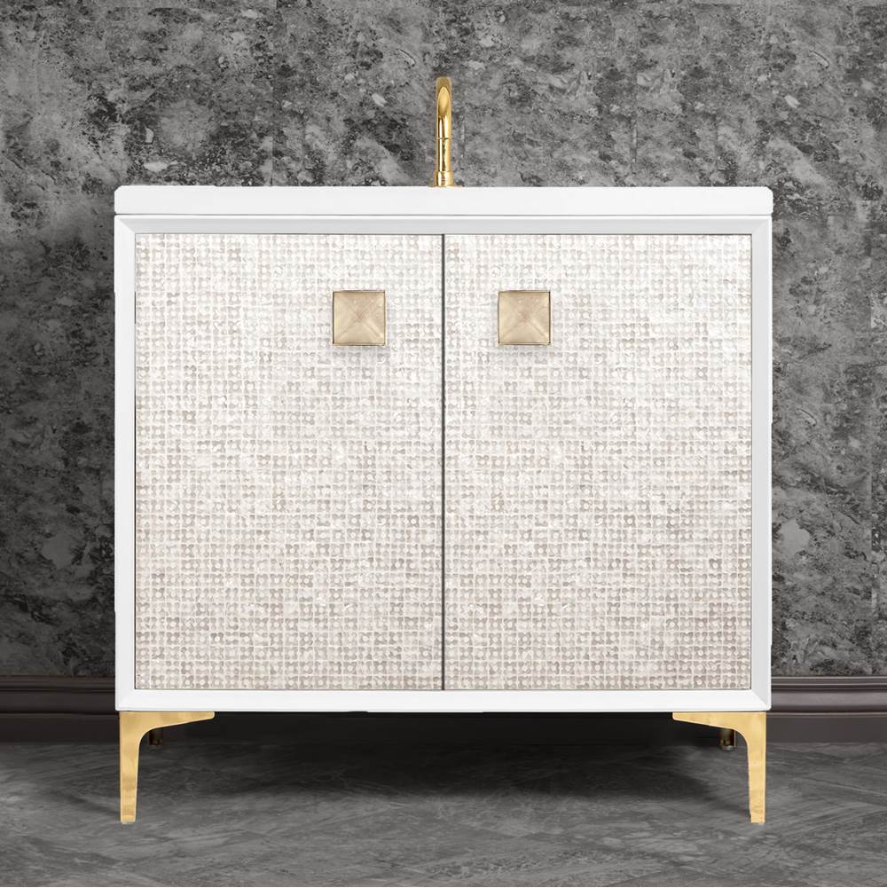 Linkasink MOTHER OF PEARL with 3'' Artisan Glass Prism Hardware 36'' Wide Vanity, White, Polished Brass Hardware, 36'' x 22'' x 33.5'' (without vanity top)