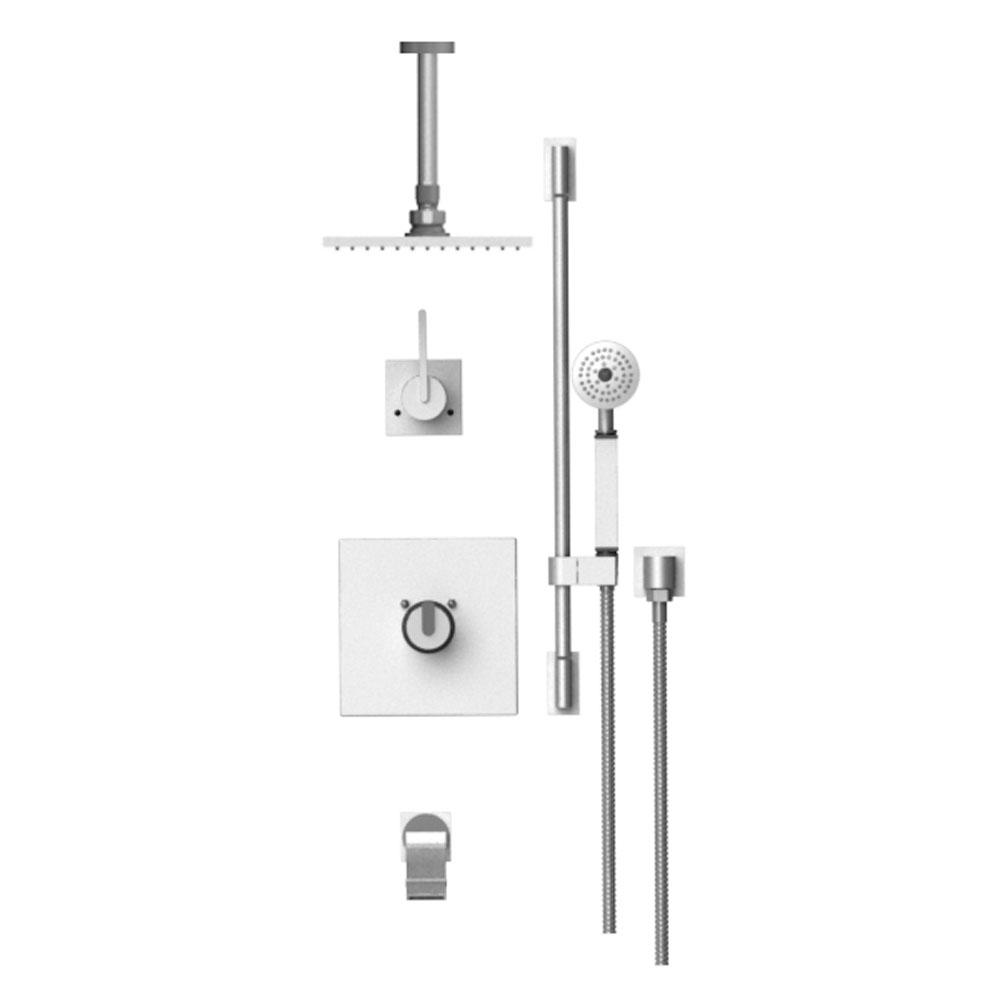 Rubinet Temperature Control Tub & Shower With Three Way Diverter & Shut-Off, Hand Held Shower, Bar, Integral Supply, Wall Mount Tub Filler Spout & Fixed Showe