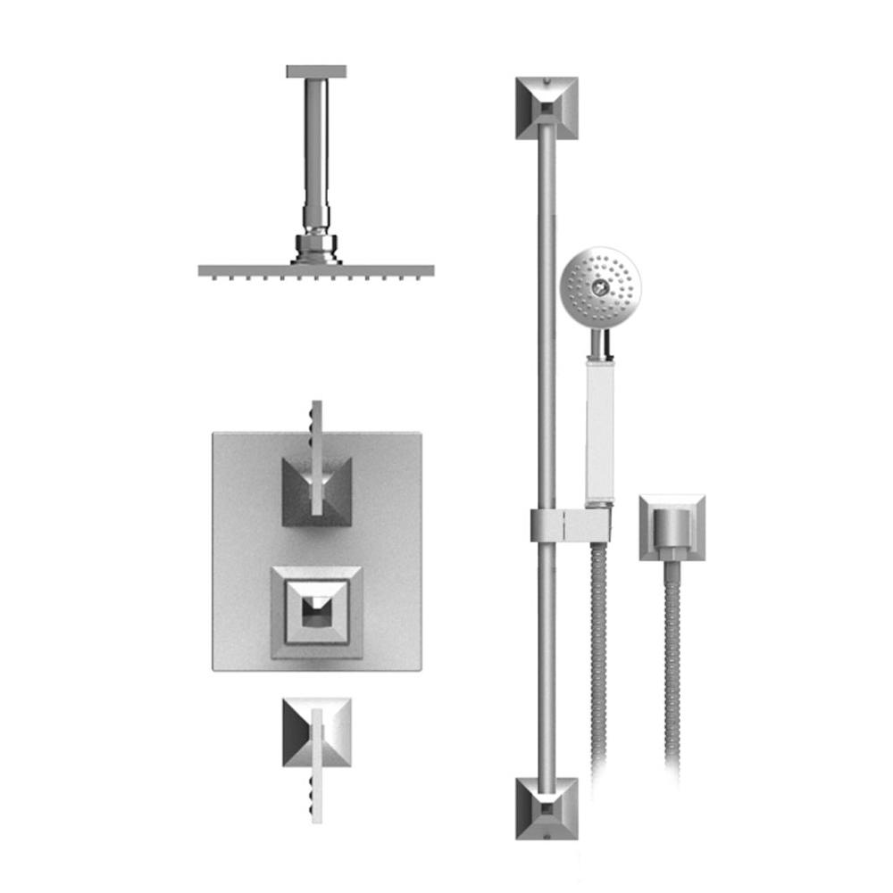 Rubinet Temperature Control Shower With Two Seperate Volume Controls, Fixed Shower Head, Bar, Integral Supply & Hand Held Shower, 8'' Ceiling Mount Trim Only