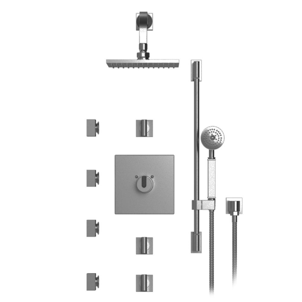 Rubinet Temperature Control Shower With Three Seperate Volume Controls, Fixed Shower Head, Bar, Integral Supply, Hand Held Shower & Four Body Sprays, 8'' Wall
