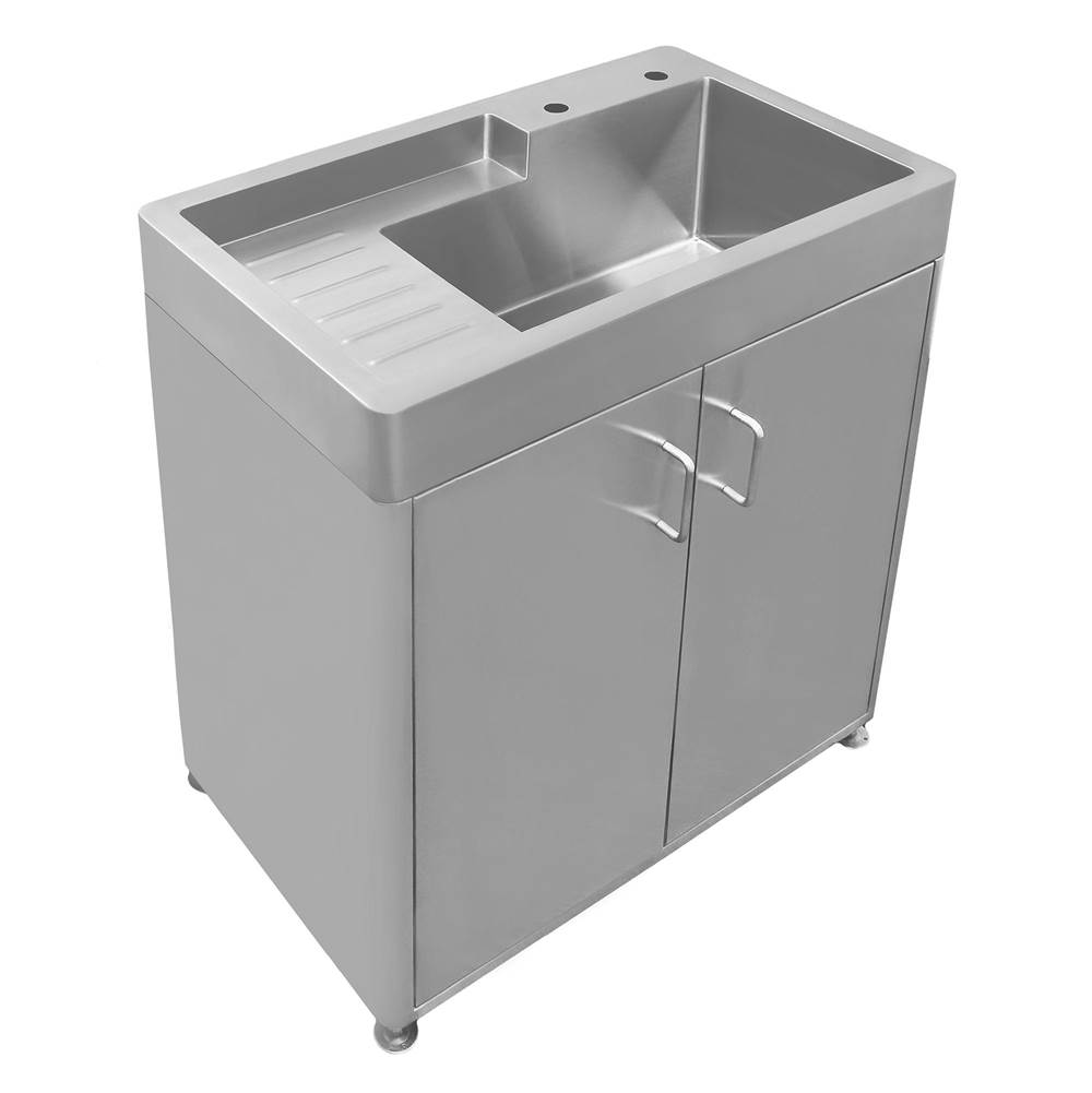 Whitehaus Collection Pearlhaus Brushed Stainless Steel Double Door, Freestanding Cabinet with Sink