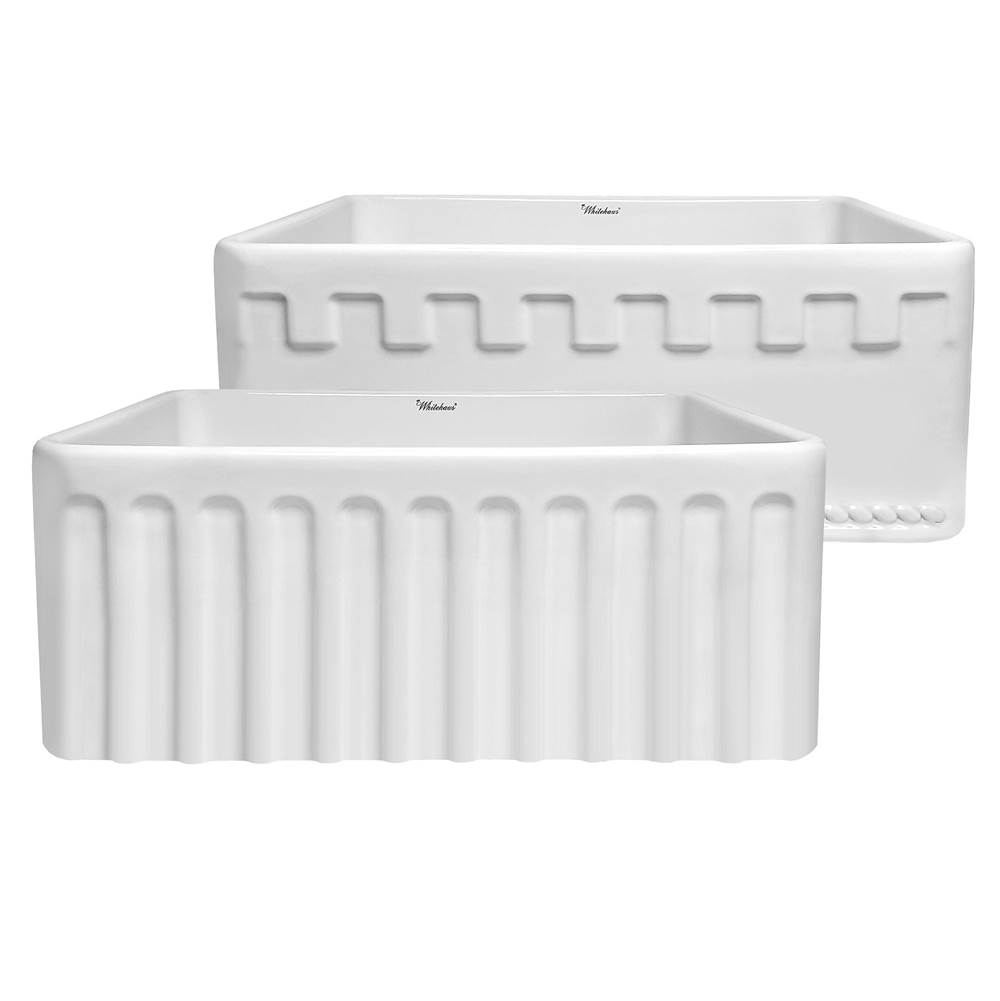 Whitehaus Collection Farmhaus Fireclay Reversible Sink with a Castlehaus Design Front Apron on One Side  and Fluted Front Apron on the Opposite Side