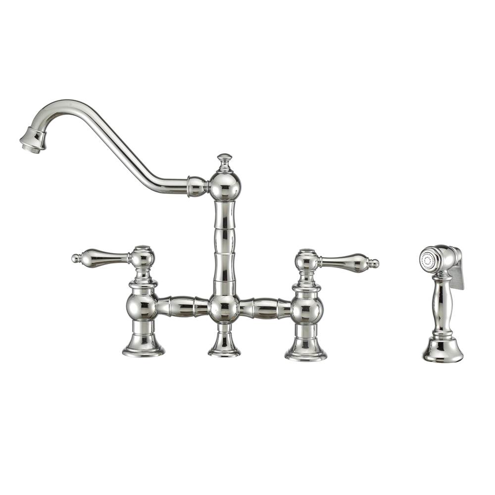 Whitehaus Collection Vintage III Plus Bridge Faucet with Long Traditional Swivel Spout, Lever Handles and Solid Brass Side Spray