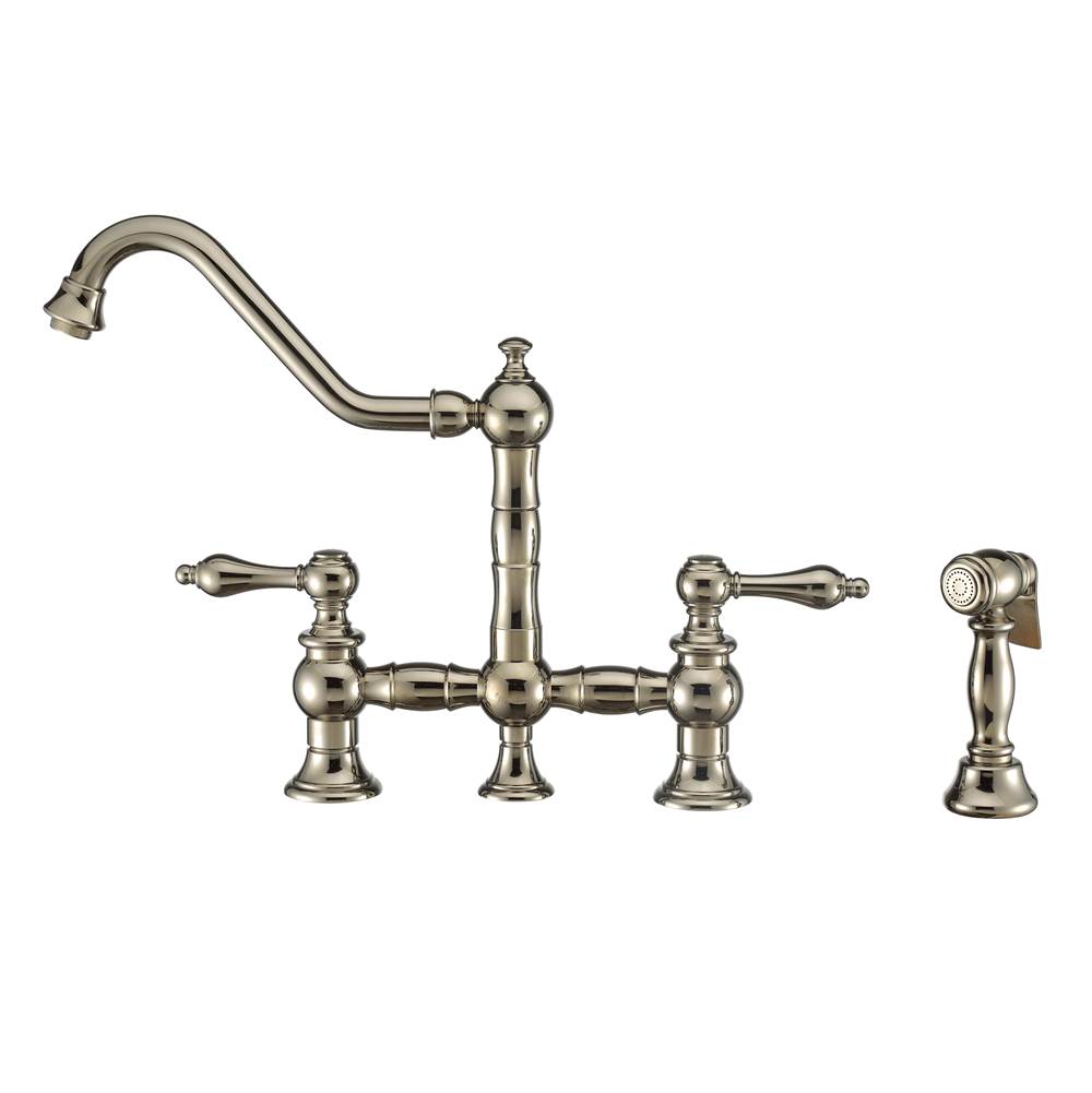 Whitehaus Collection Vintage III Plus Bridge Faucet with Long Traditional Swivel Spout, Lever Handles and Solid Brass Side Spray