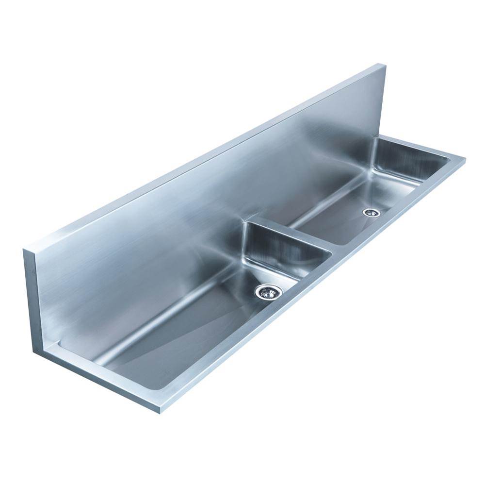 Whitehaus Collection Noah's Collection Brushed Stainless Steel Double Bowl Wall Mount Utility Sink with 2 1/2'' Far Right Center Drain in the Left Bowl and 2'' Inch Offset Drain in the Right