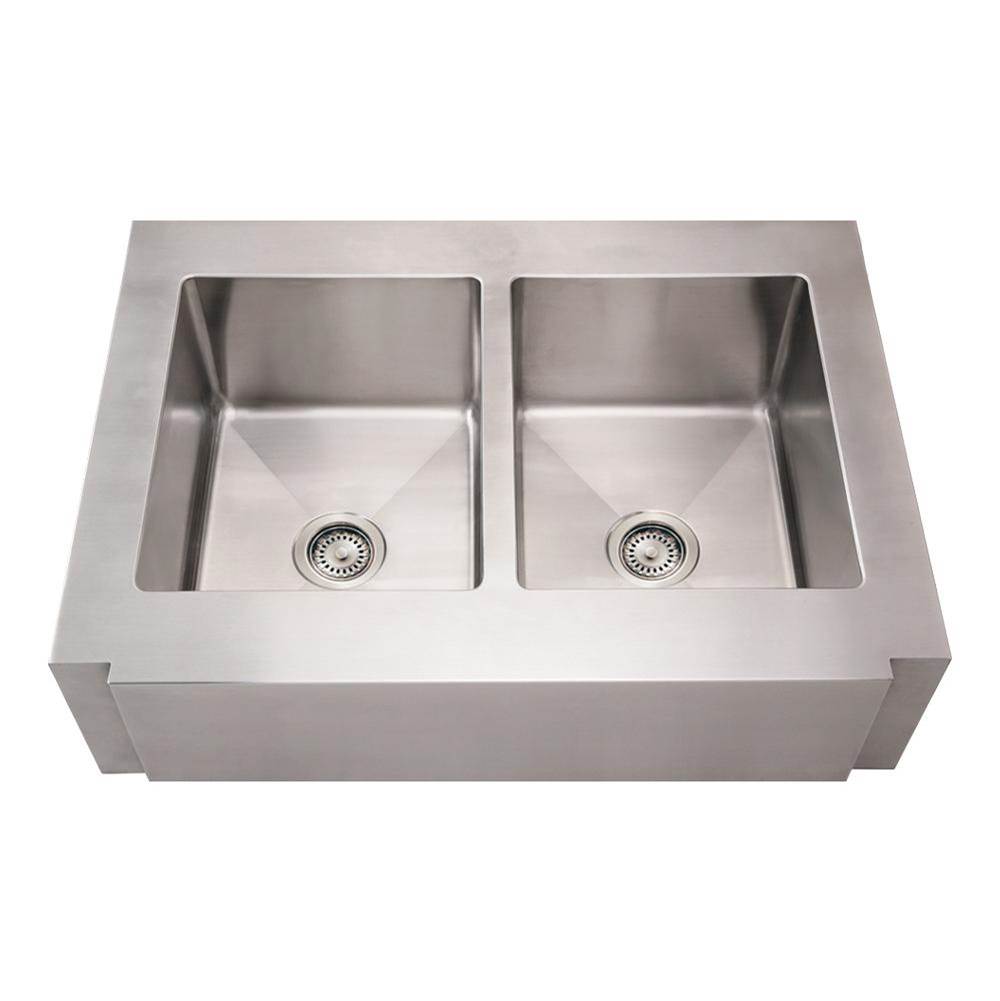 Whitehaus Collection Noah's Collection Brushed Stainless Steel Commercial Double Bowl Sink with a Decorative Notched Front Apron