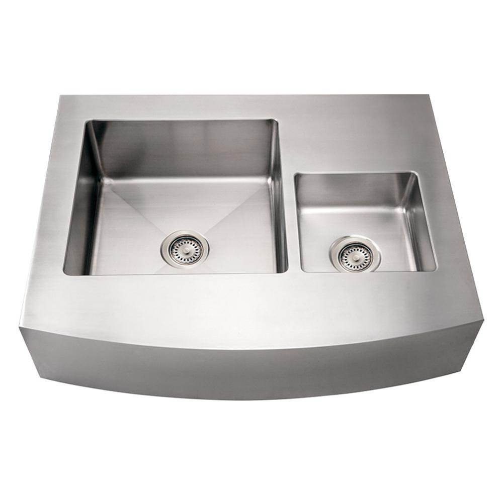 Whitehaus Collection Noah's Collection Brushed Stainless Steel Commercial Double Bowl Sink with an Arched Front Apron