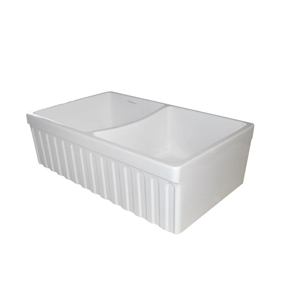 Whitehaus Collection Farmhaus Fireclay Quatro Alcove Reversible Double Bowl Sink with a Fluted Front Apron and 2'' Lip on One Side and 2 ½'' Lip on the Opposite Side