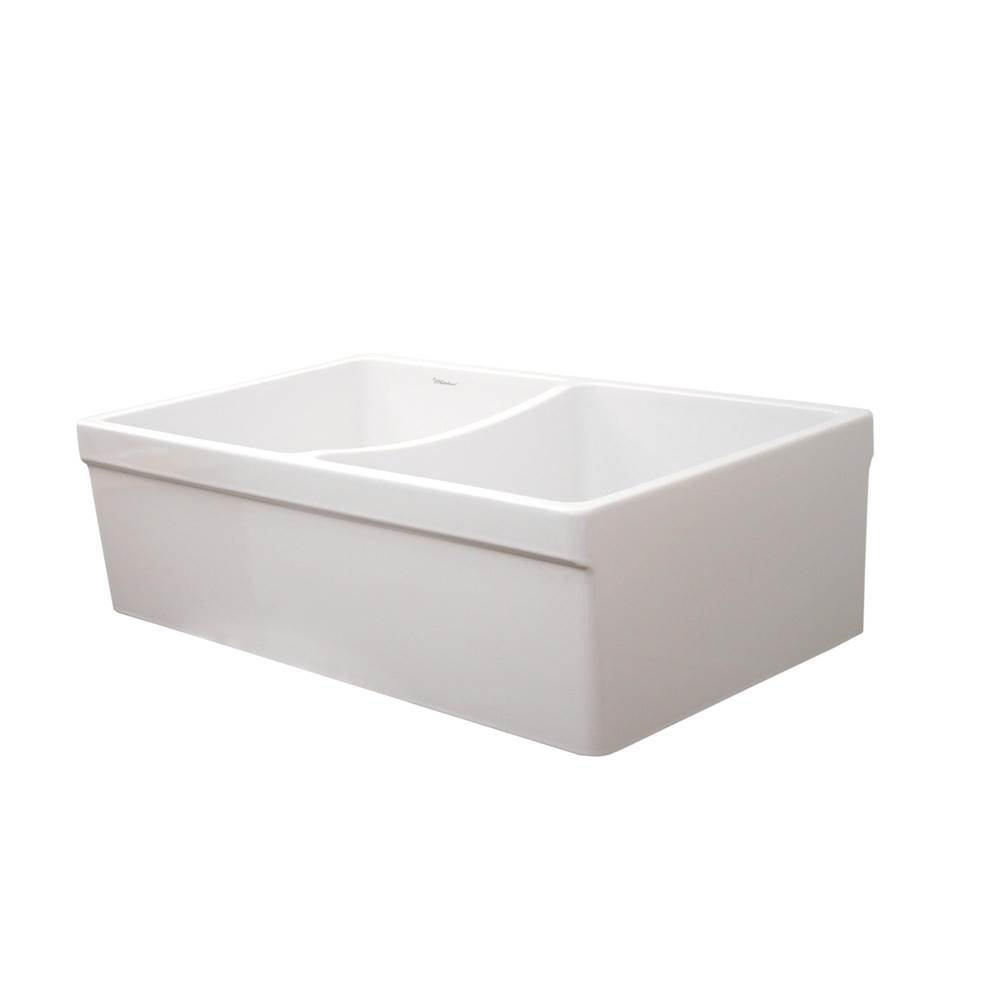 Whitehaus Collection Farmhaus Fireclay Quatro Alcove Reversible Double Bowl Sink with 2'' Lip on One Side and 2 ½'' Lip on the Opposite Side