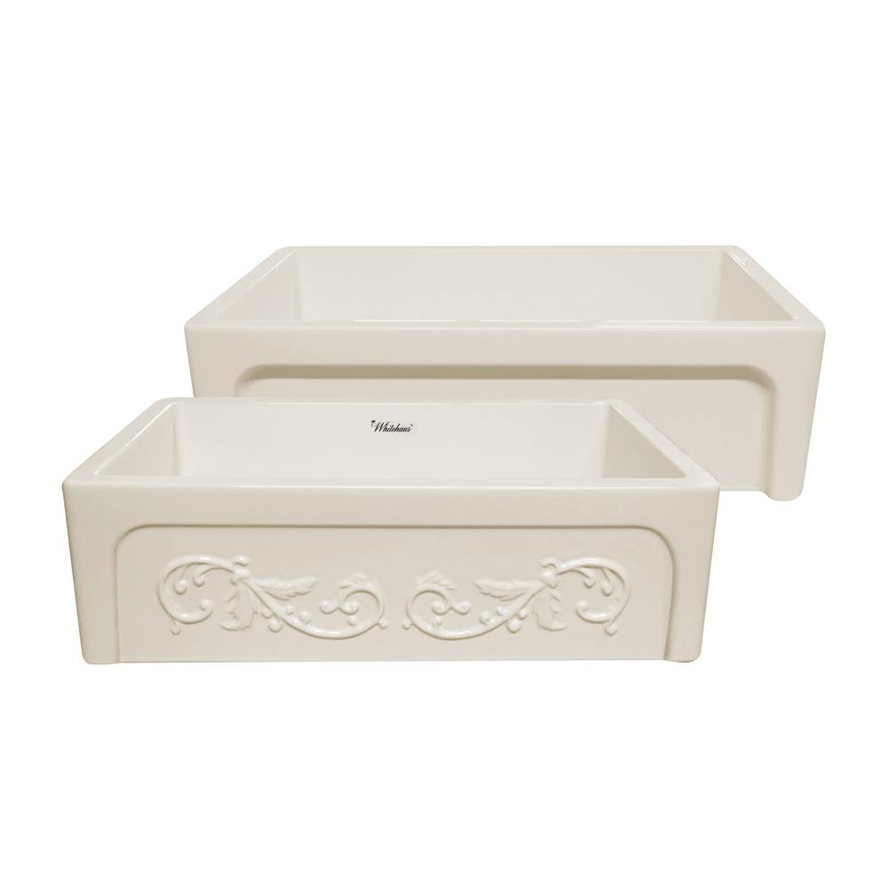 Whitehaus Collection Glencove St. Ives 33'' Front Apron Fireclay Sink with an Intricate Vine Design on one side and an Elegant Plain Beveled Front Apron on the Opposite Side