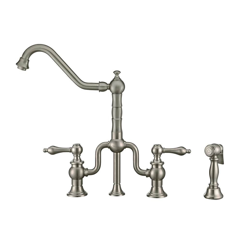 Whitehaus Collection Twisthaus Plus Bridge Faucet with Long Traditional Swivel Spout, Lever Handles and Solid Brass Side Spray