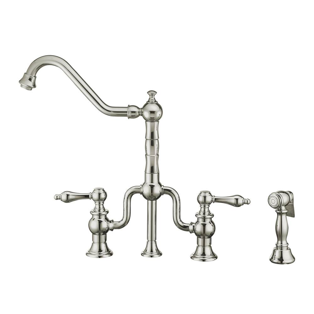 Whitehaus Collection Twisthaus Plus Bridge Faucet with Long Traditional Swivel Spout, Lever Handles and Solid Brass Side Spray