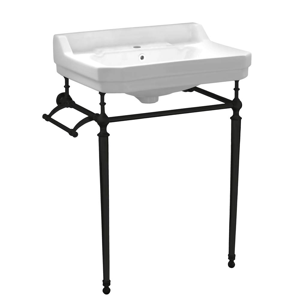 Whitehaus Collection Victoriahaus Rectangular Basin China Console With Single Hole Faucet Drill,  Matte Black Leg Supports With Towel Bar, Backsplash, And Overflow